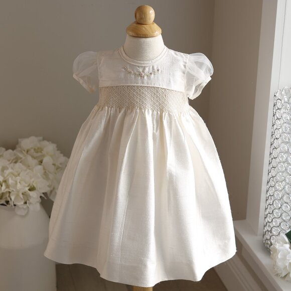 Ivory Dupioni Silk Smocked Dress Flower Girl Special Occasion Hand Embroidery - Picture 3 of 7